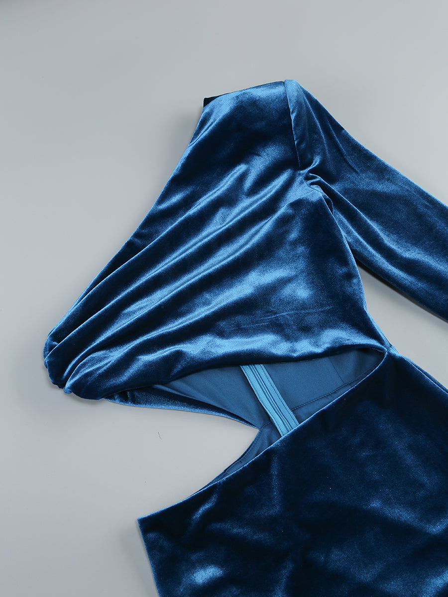 One Sleeve Maxi Velvet Dress Blue