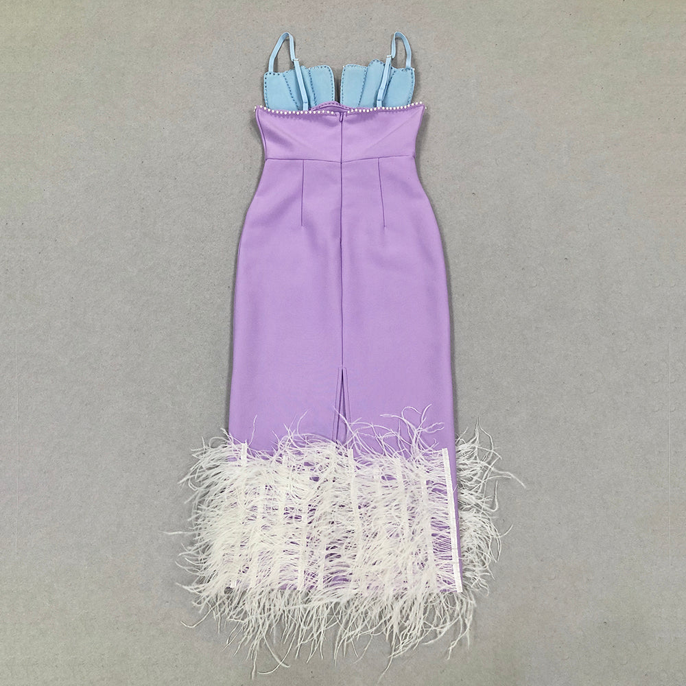 Pearl Bustier Feather Detail Midi Dress Purple HV1800