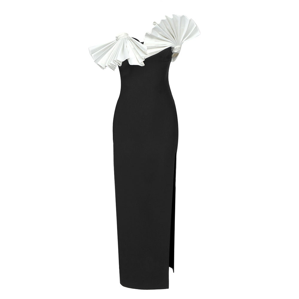 Pleated Detail Midi Dress Black White HV9661
