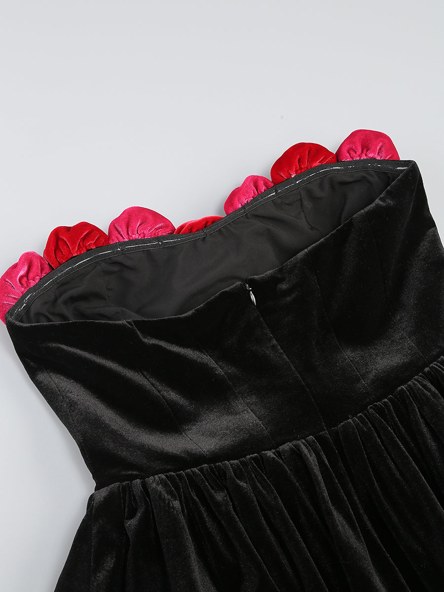 Flower Detail Strapless A Line Velvet Dress Black HV1173