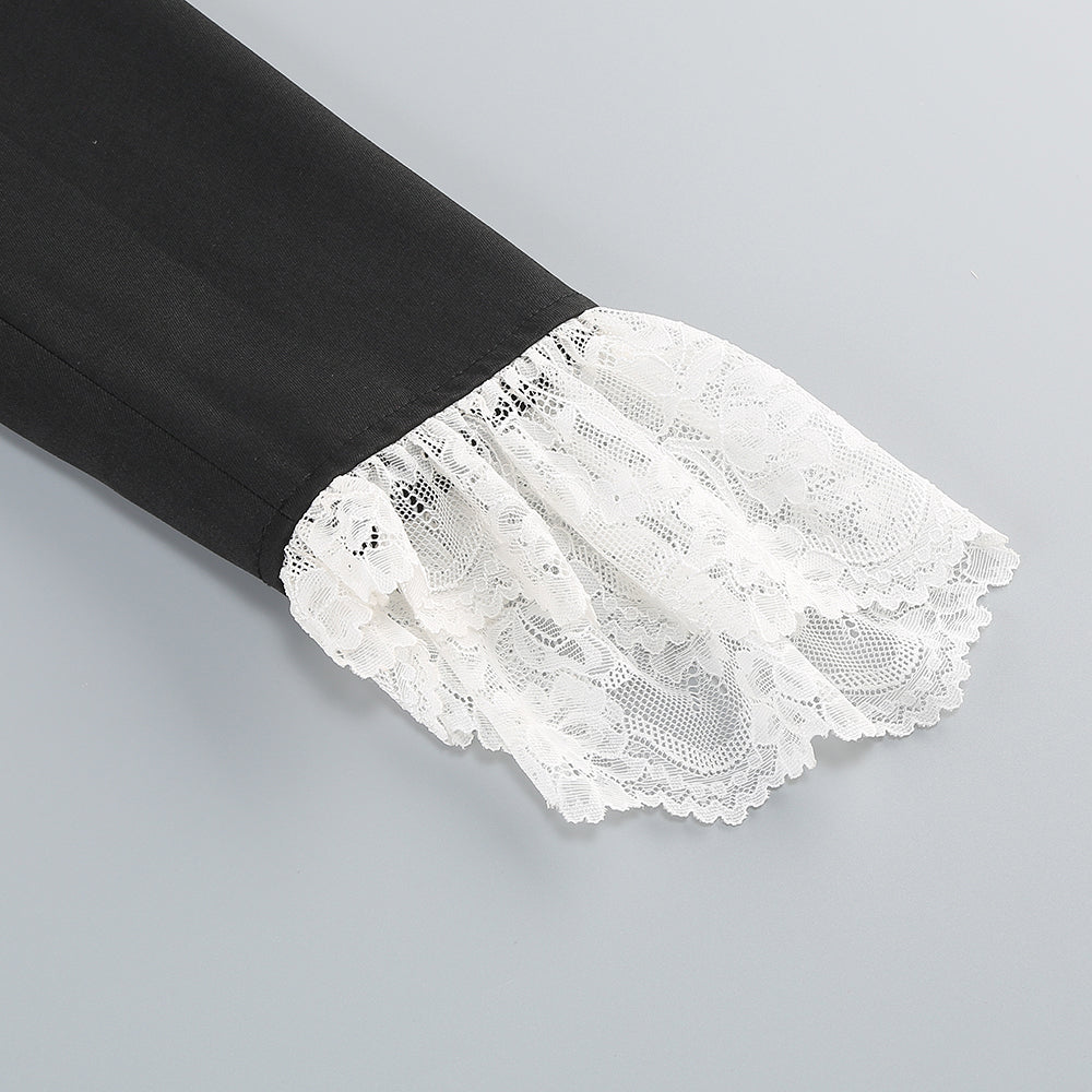 Long Sleeve Lace Bodysuit Black White HV1748