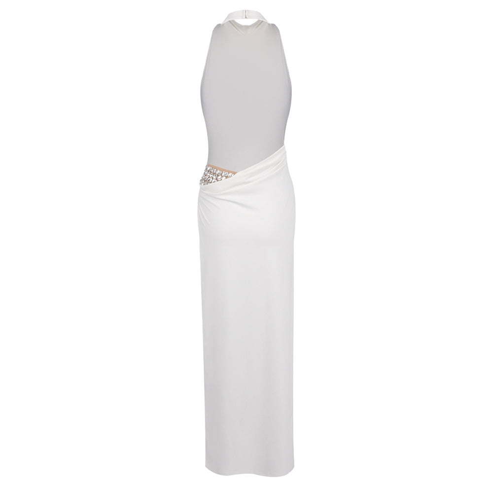 Halter Crystal Detail Backless Maxi Dress White HV2655