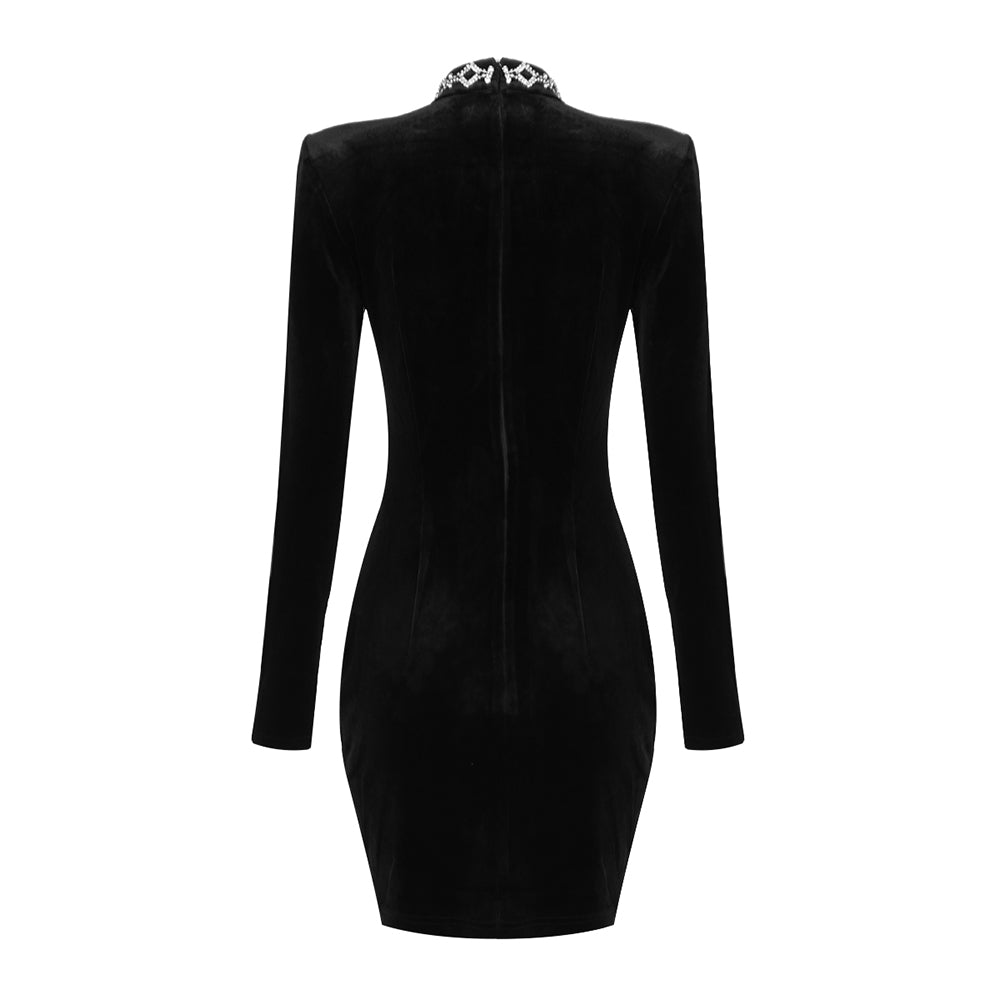 Long Sleeve Crystal Velvet Dress Black HV9741