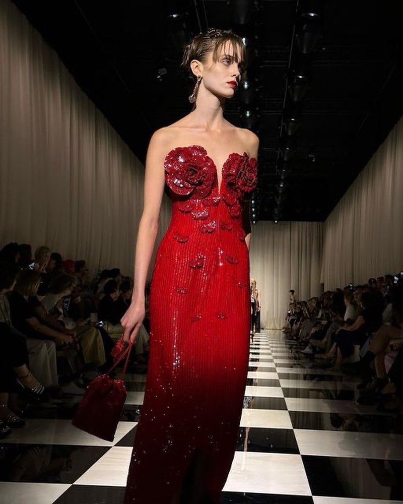 Strapless Flower Sequin Maxi Dress Red HV1007