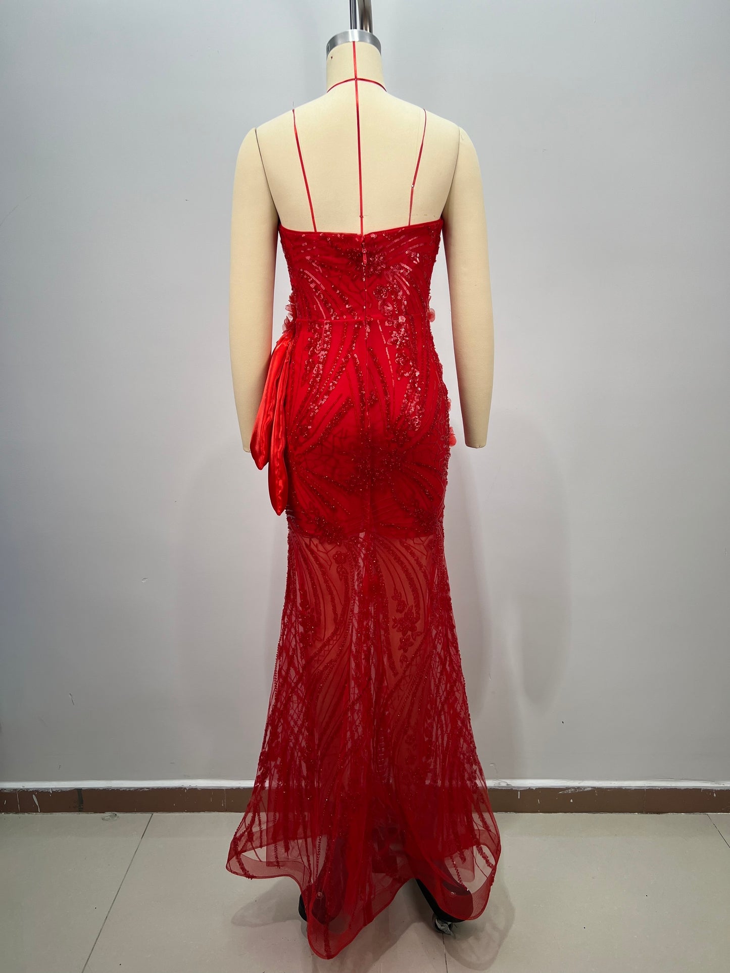 Strapless Floral Sequin Maxi Dress Red HV2729