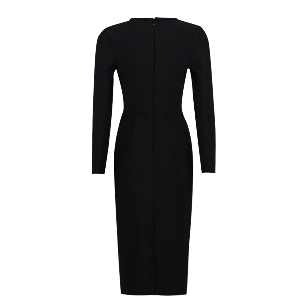 Long Sleeve Crystal Panel Midi Dress Black HV9707