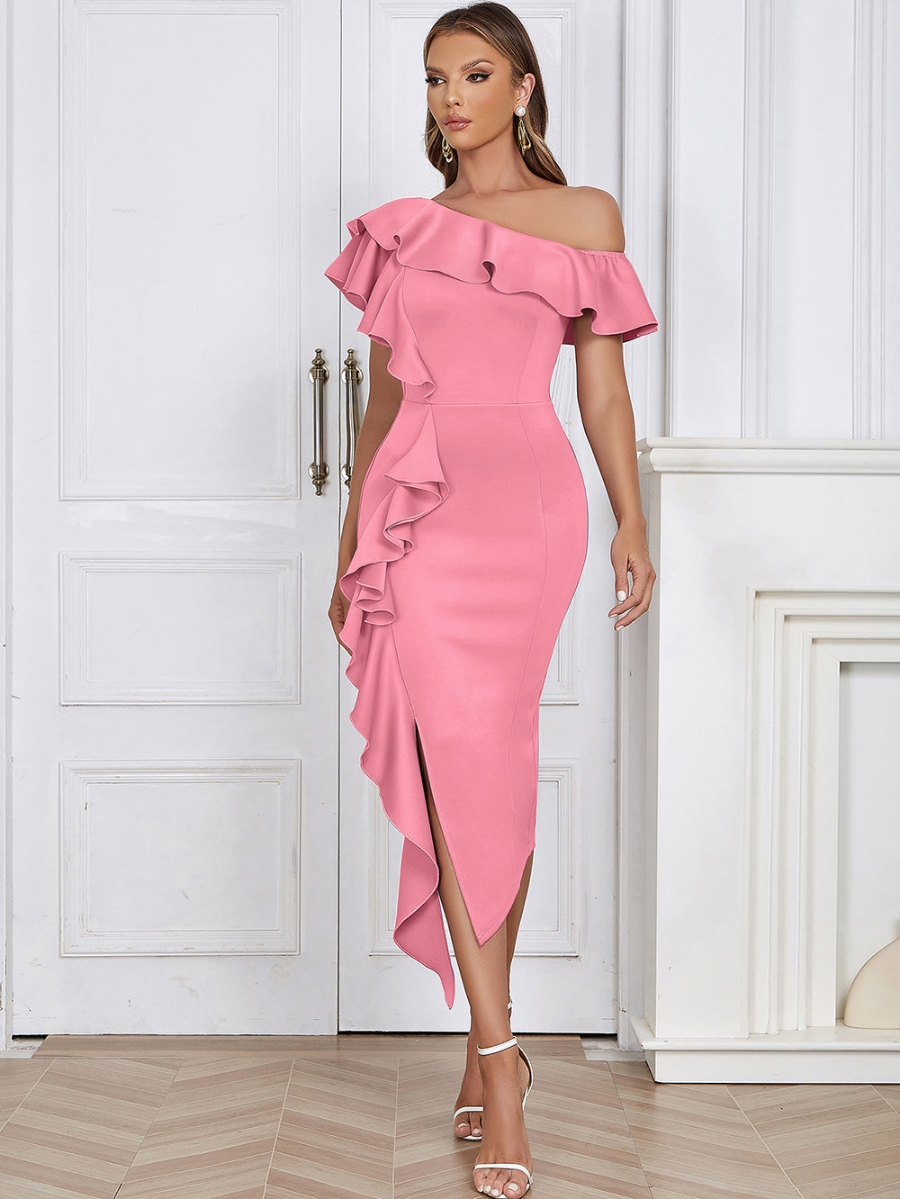 Off Shoulder Ruffle Midi Dress HV9649