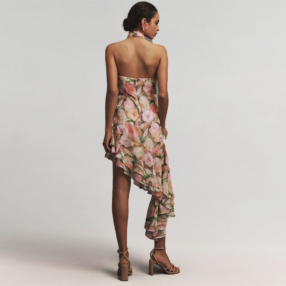 Halter Floral Ruffle Maxi Dress HV1035