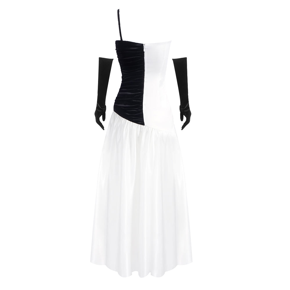 One Shoulder Velvet Insert Maxi Dress Black White HV2075