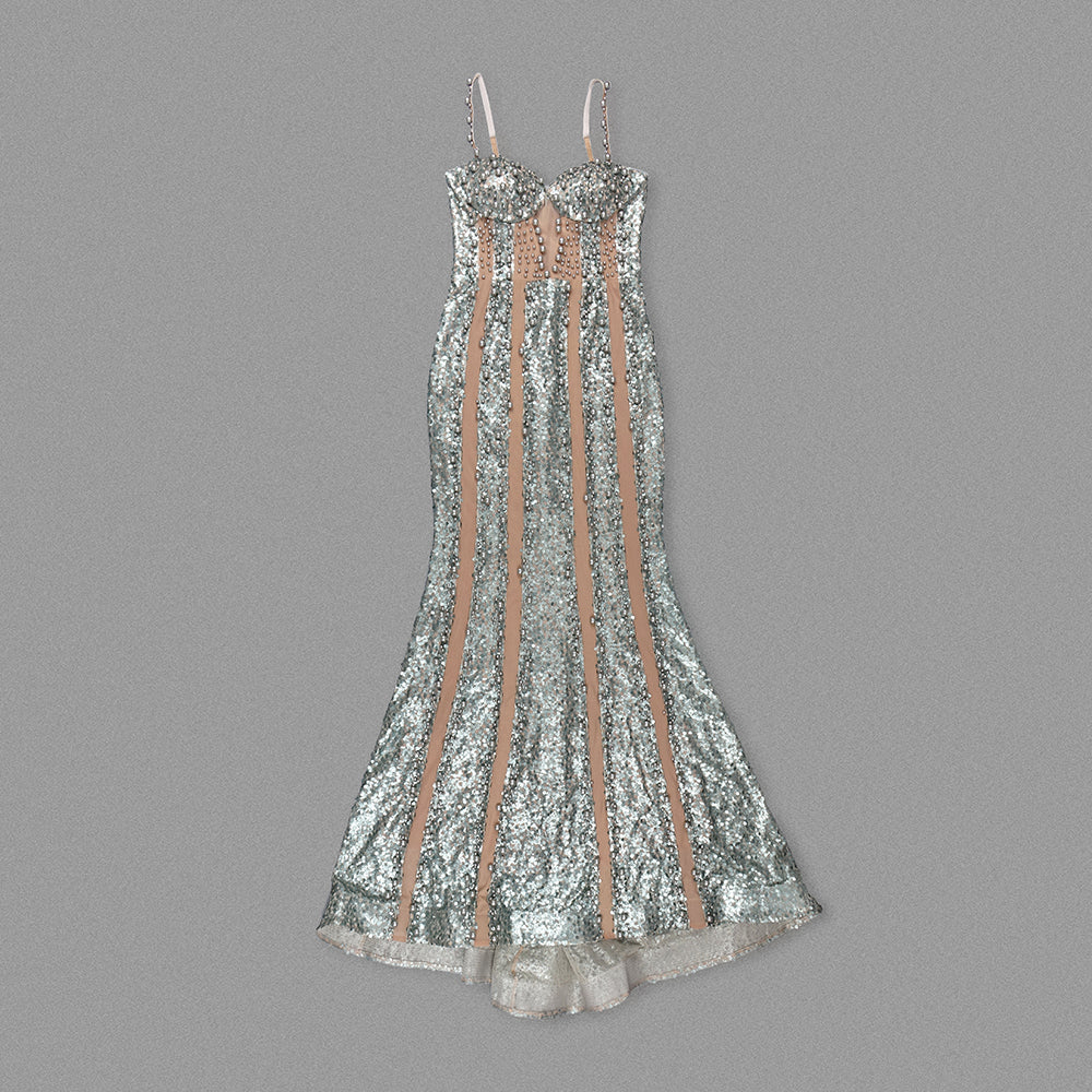 Bustier Sequin Embellished Mermaid Maxi Dress Green HV1198