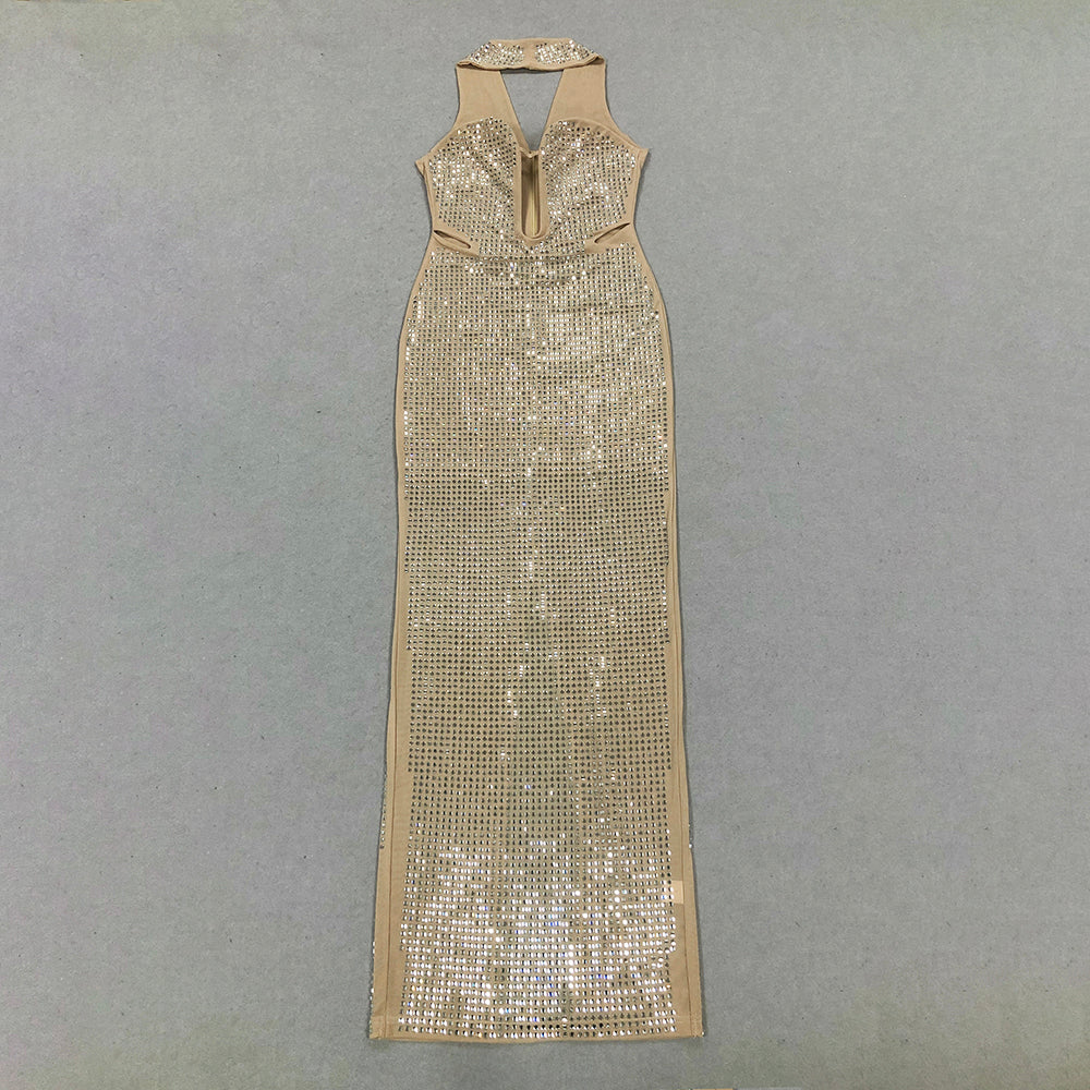 Halter Crystal Maxi Dress Nude