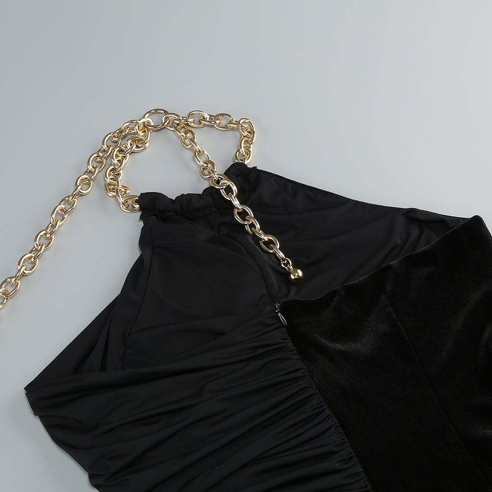 Halter Chain Detail Ruched Velvet Dress Black HV1615