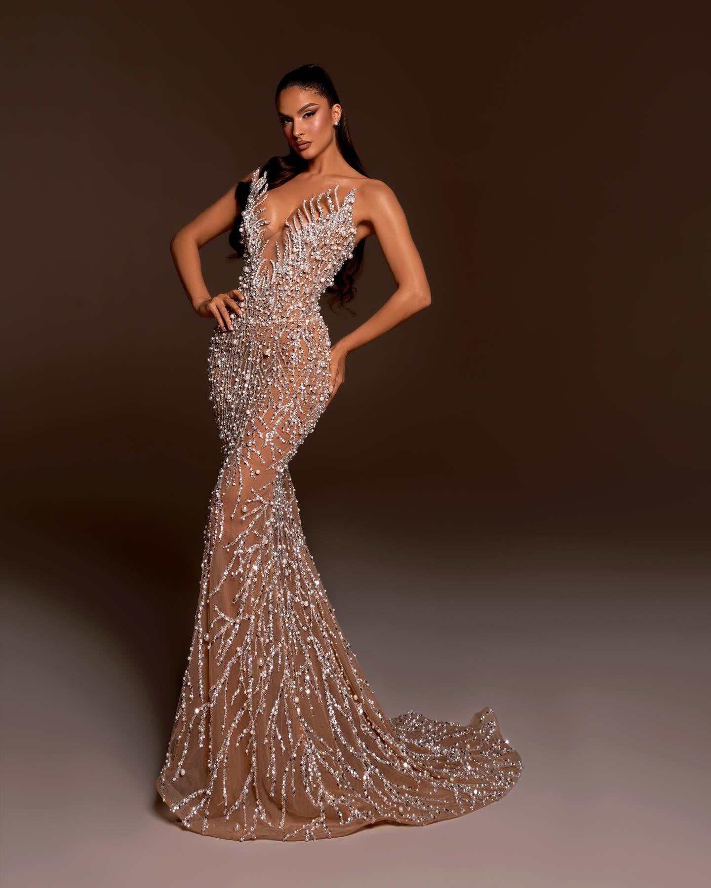 Strapless Crystal Pearl Sequin Maxi Dress Nude HV2146