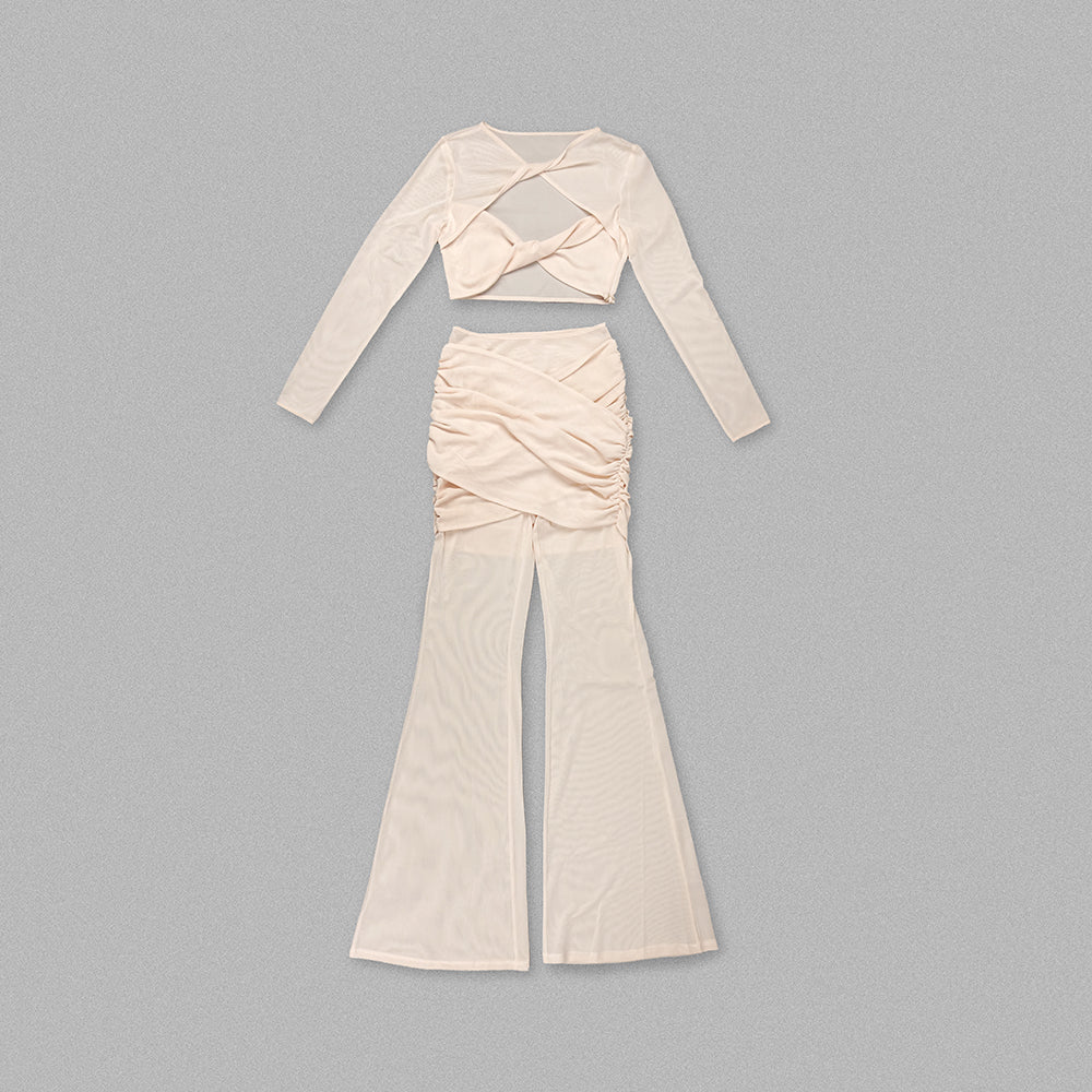 Long Sleeve Draped Two Piece Jumpsuit Nude HV1125