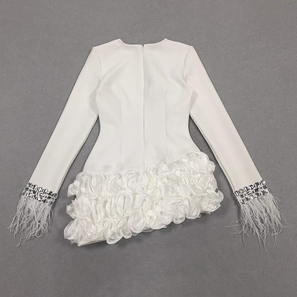 Crystal Feather Long Sleeve Ruffle Dress