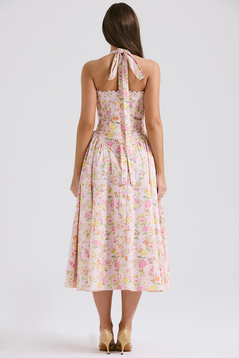 Halter Lace Bustier A Line Midi Dress Floral Pink HV1289
