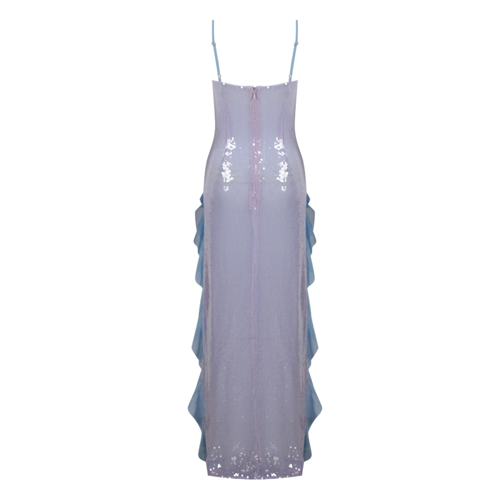 Flower Ruffle Detail Sequin Maxi Dress Silver HV9712