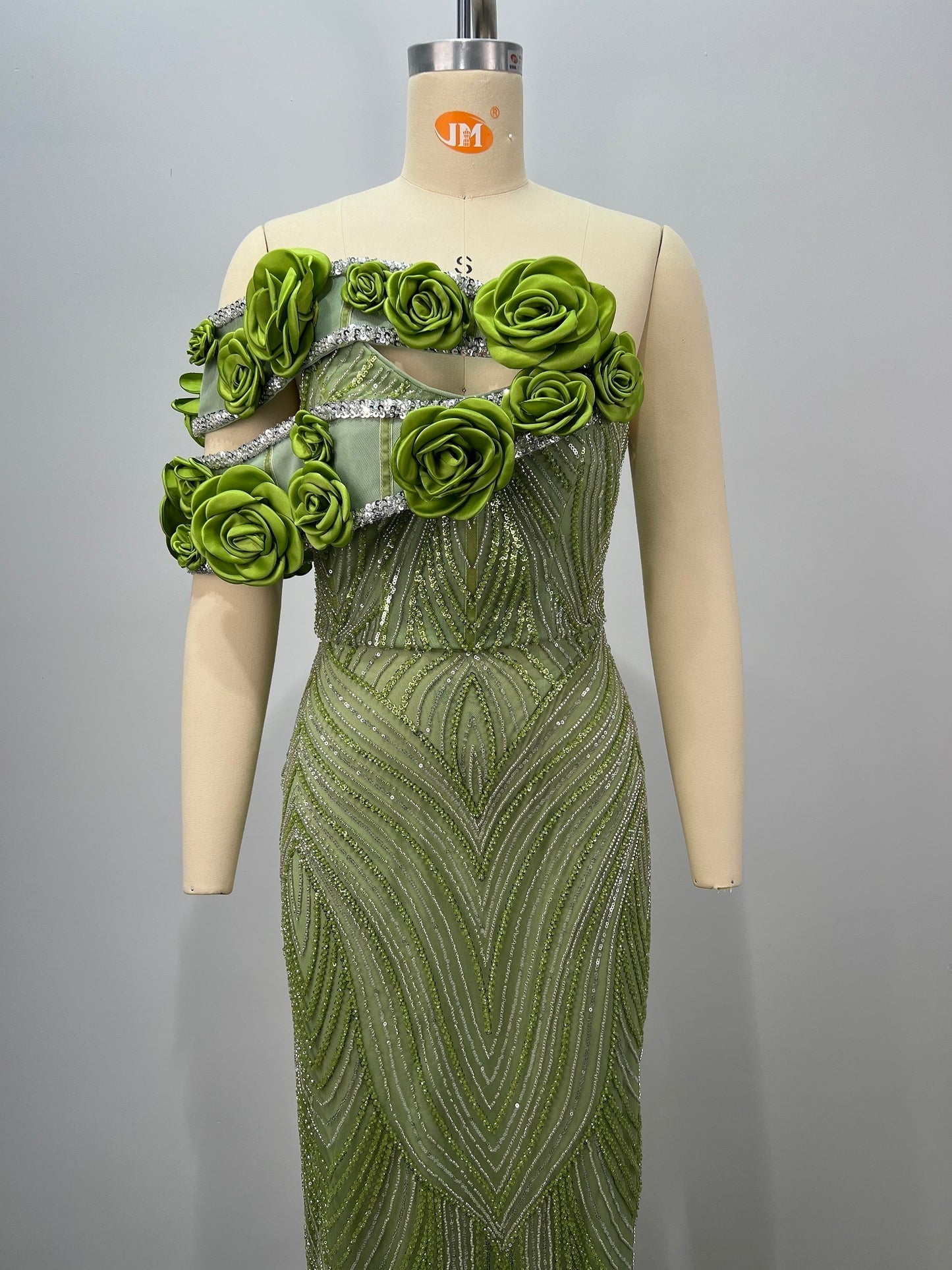 Floral Bardot Sequin Maxi Dress Green HV2400