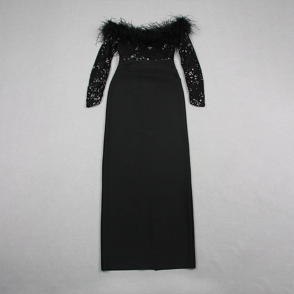 Long Sleeve Feather Sequin Maxi Dress Black HV1117