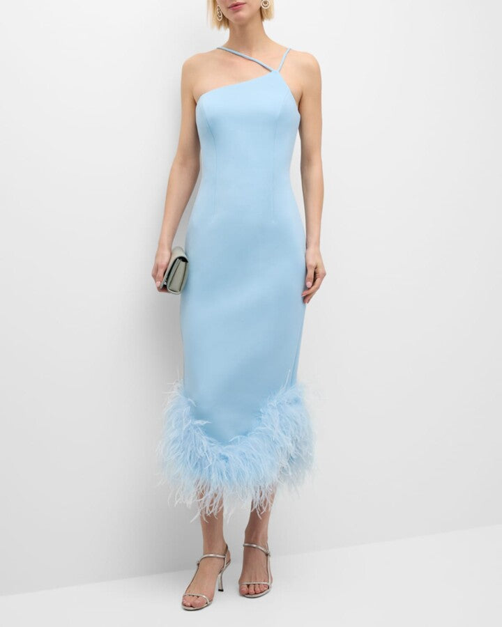 One Shoulder Feather Detail Midi Dress Blue
