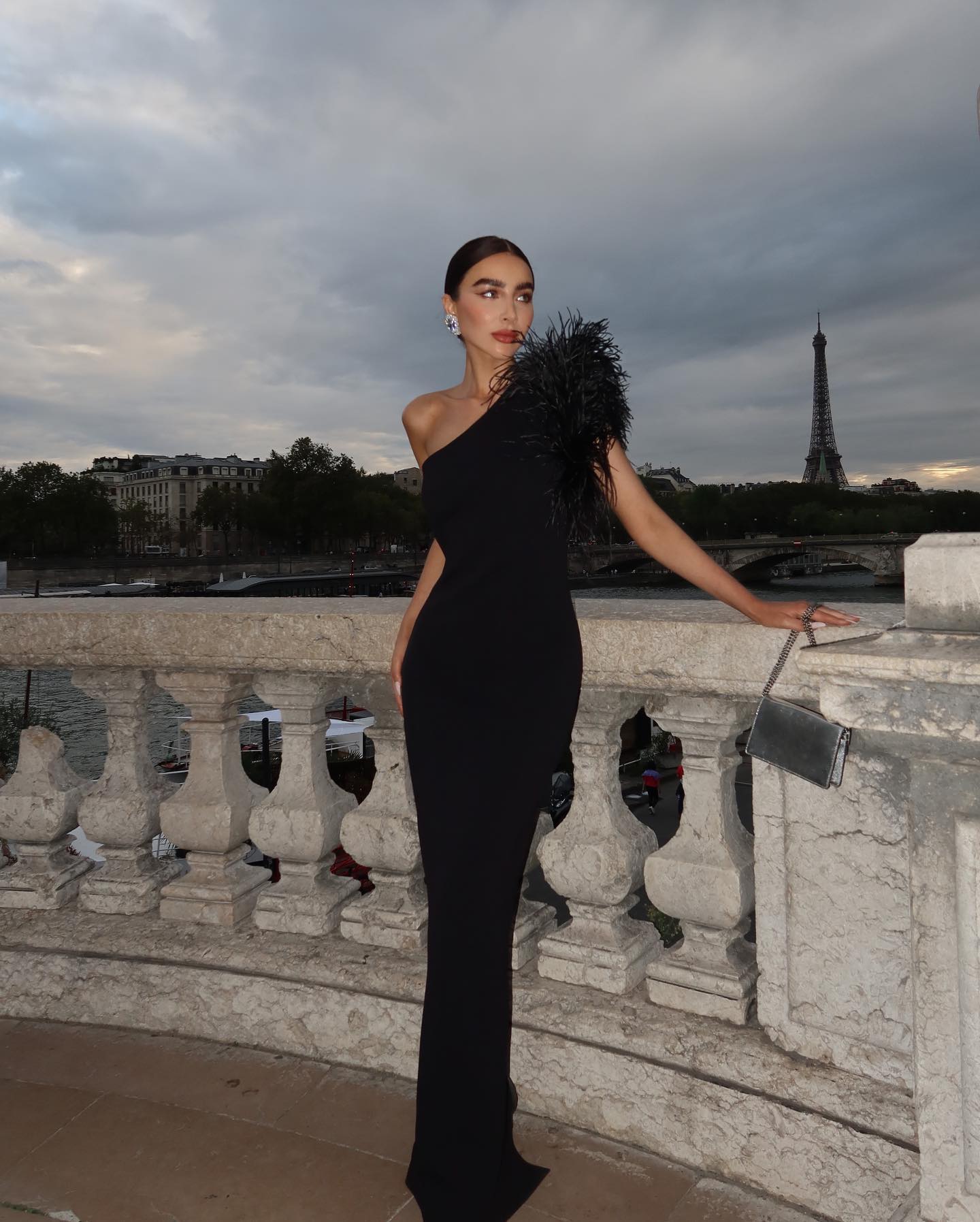 Feather One Shoulder Mermaid Maxi Dress Black HV9959
