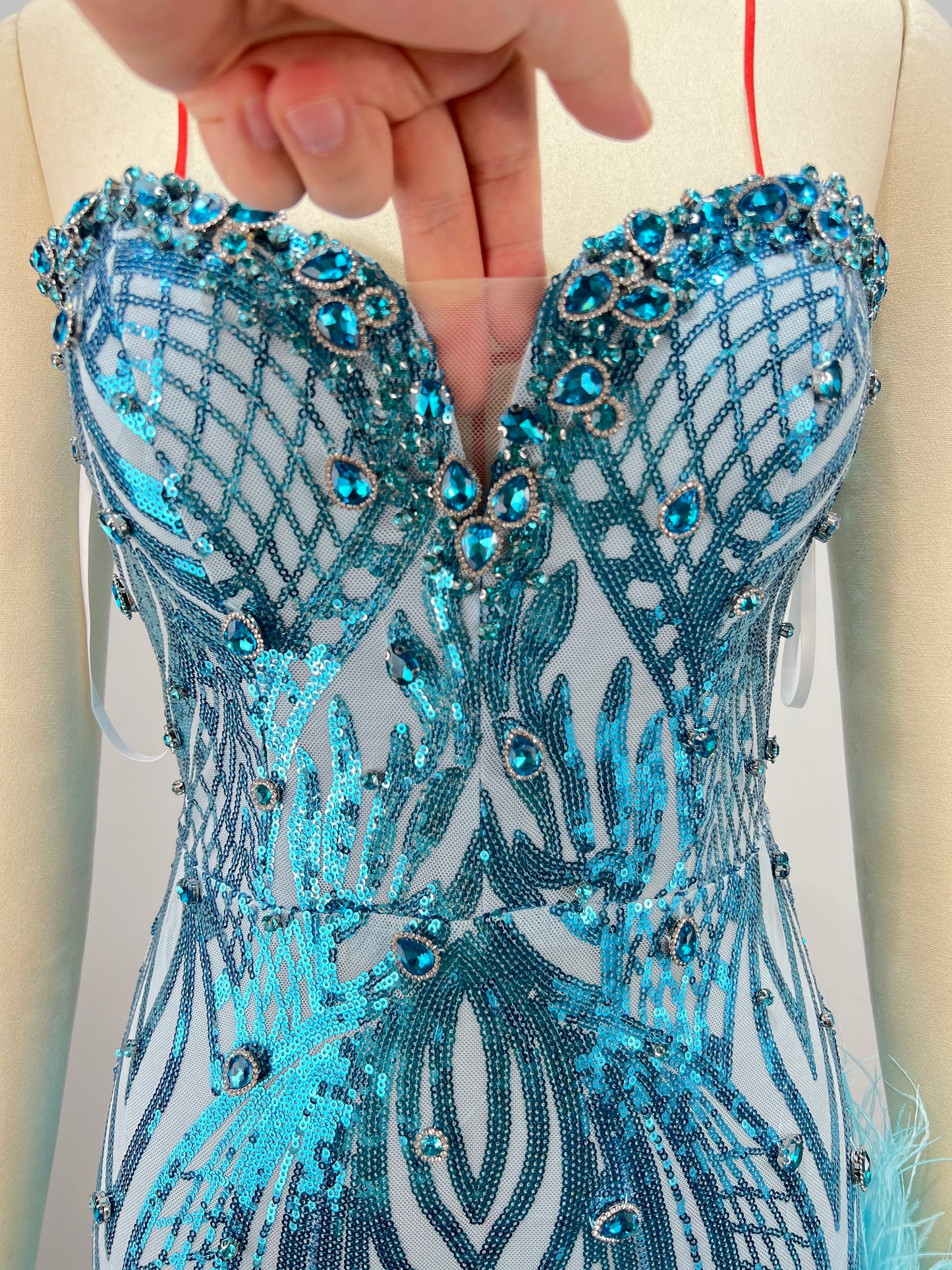 Strapless Sequin Crystal Feather Dress Blue HV1741