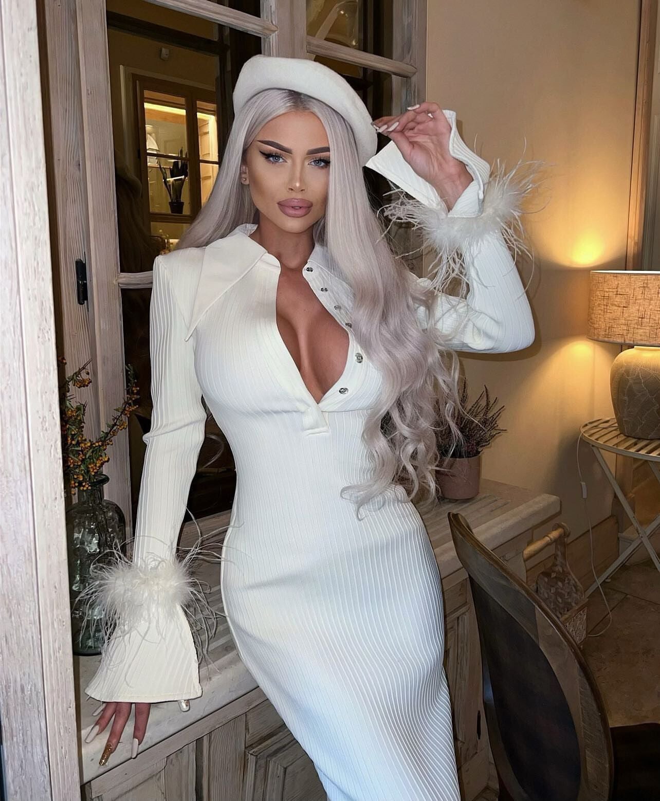Long Sleeve Feather Ribbed Maxi Dress Ivory HV8975