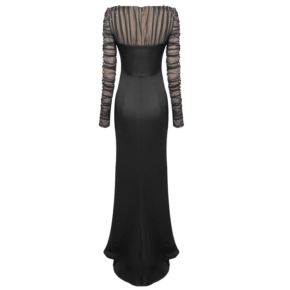 Long Sleeve Embellished Ruched Mesh Maxi Dress HV1576