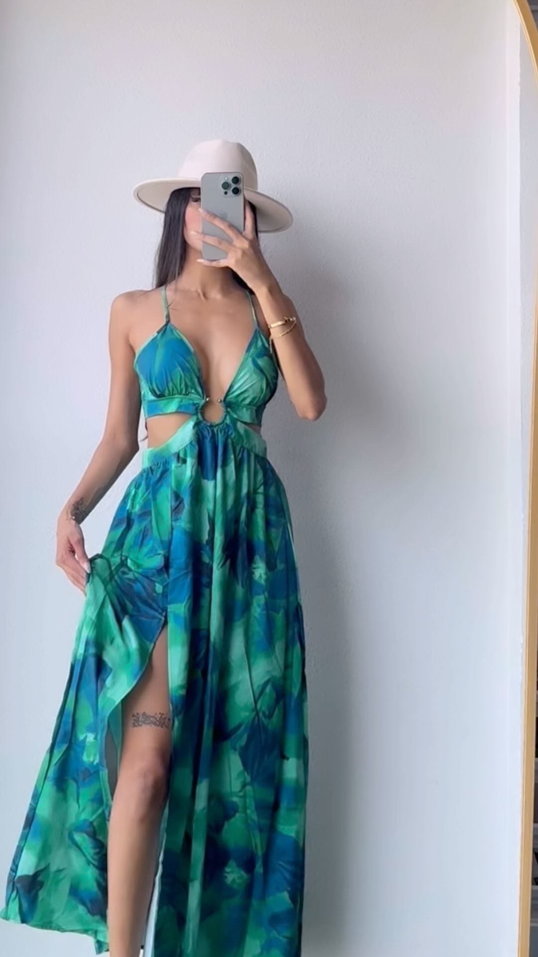 Floral A Line Maxi Dress Green HV1623