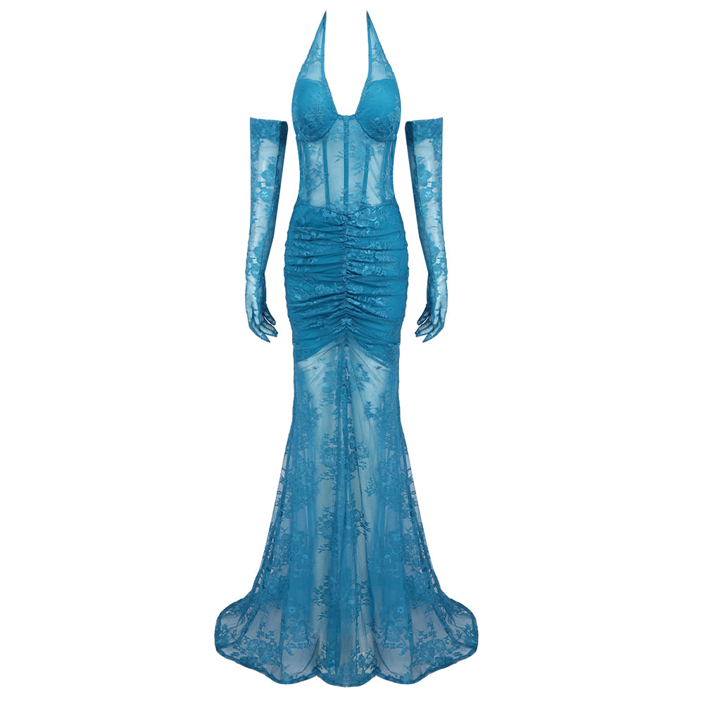 Halter Bustier Lace Mermaid Maxi Dress HV9972