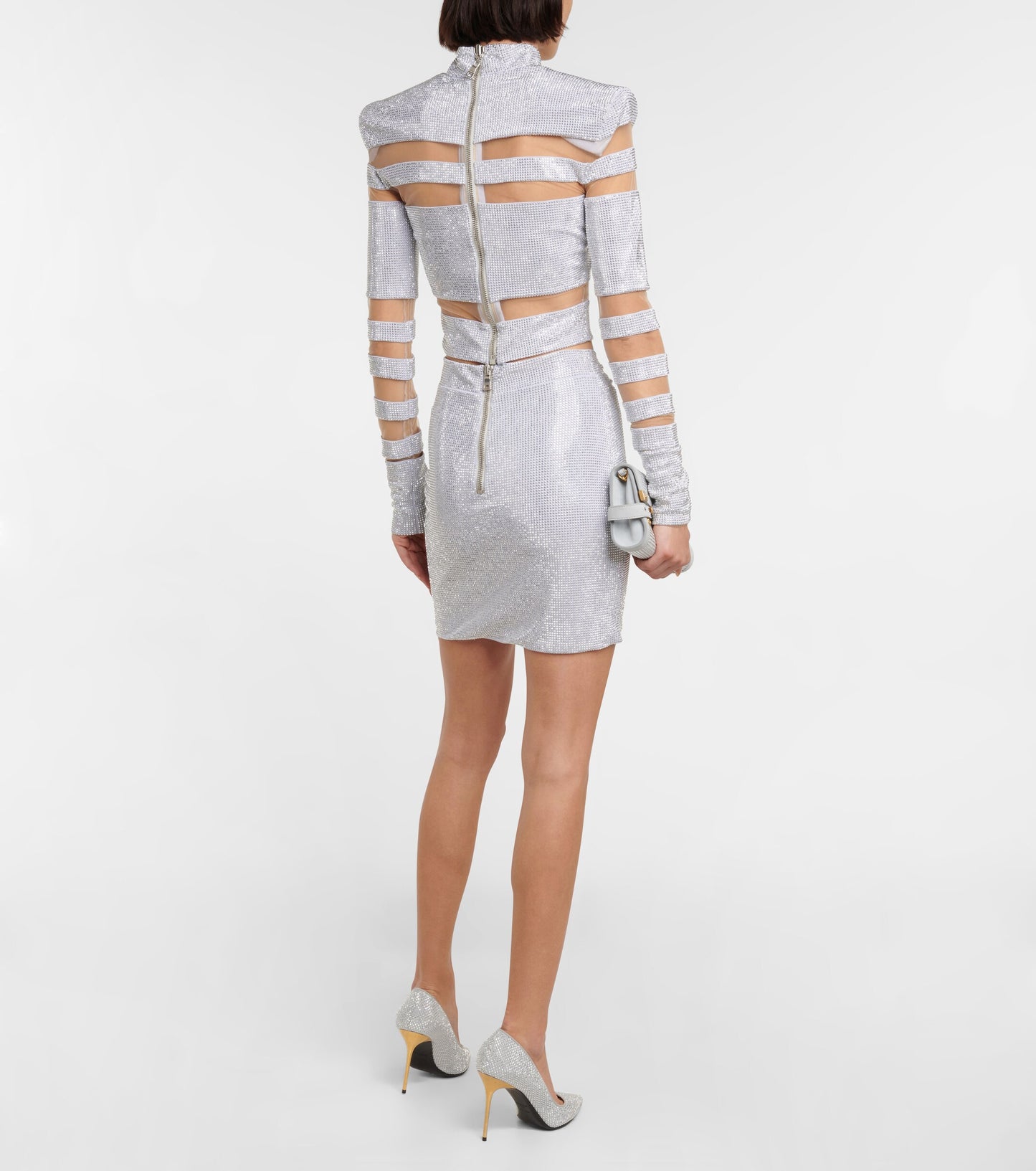 Long Sleeve Studded Mesh Two Piece Dress HV1939