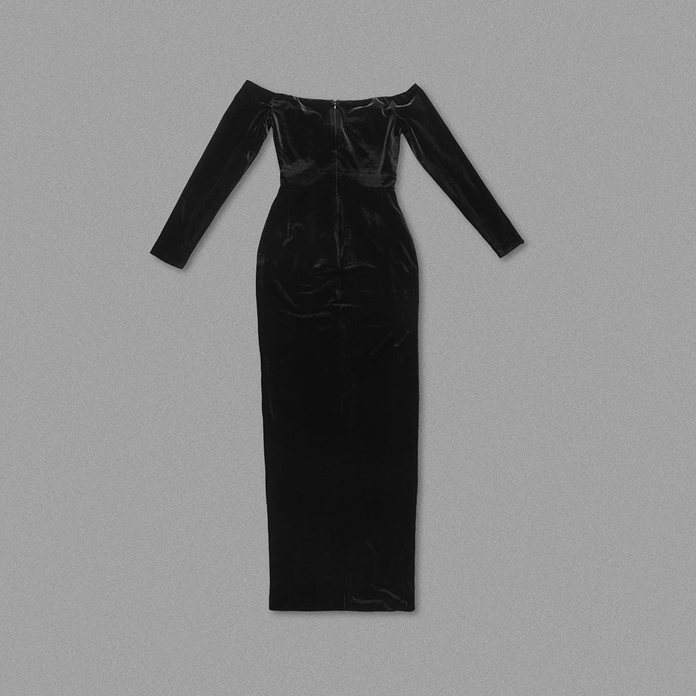 Long Sleeve Lace Insert Maxi Velvet Dress Black HV9962