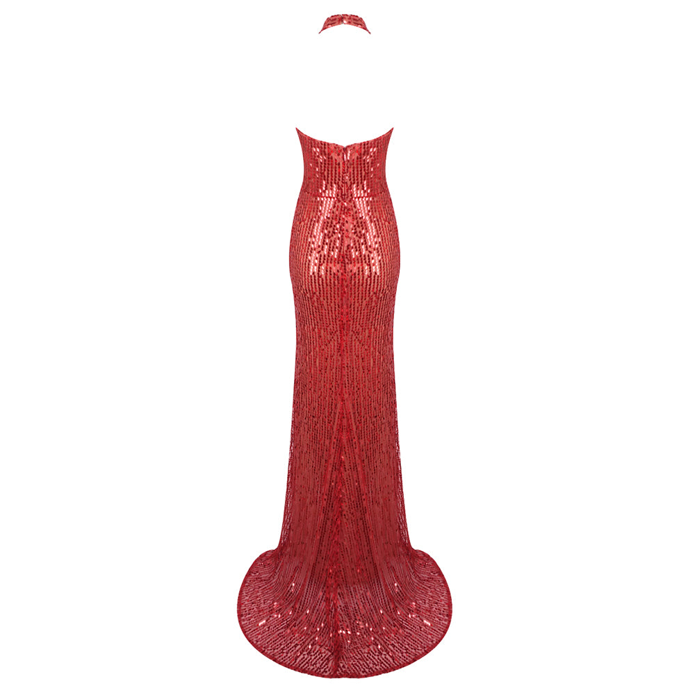 Halter Floral Detail Sequin Maxi Dress Red HV1915