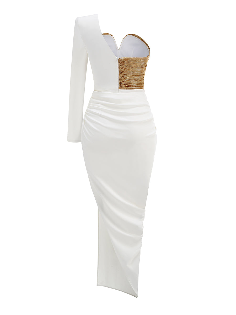 One Sleeve Floral Ruched Maxi Dress White Gold
