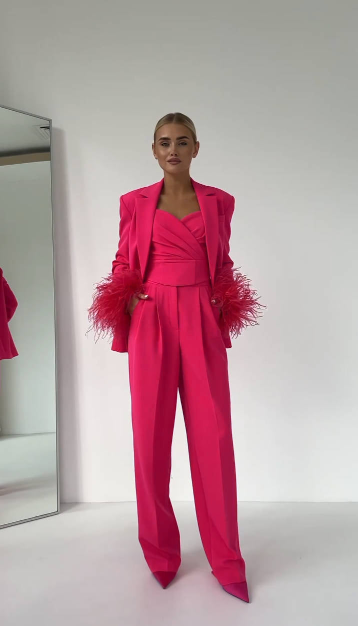Long Sleeve Feather Detail Suit Hot Pink HV1267
