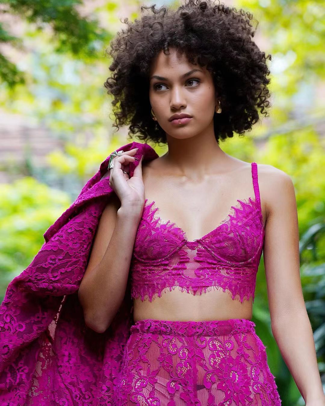 Lace Three Piece Co Ord Set Hot Pink
