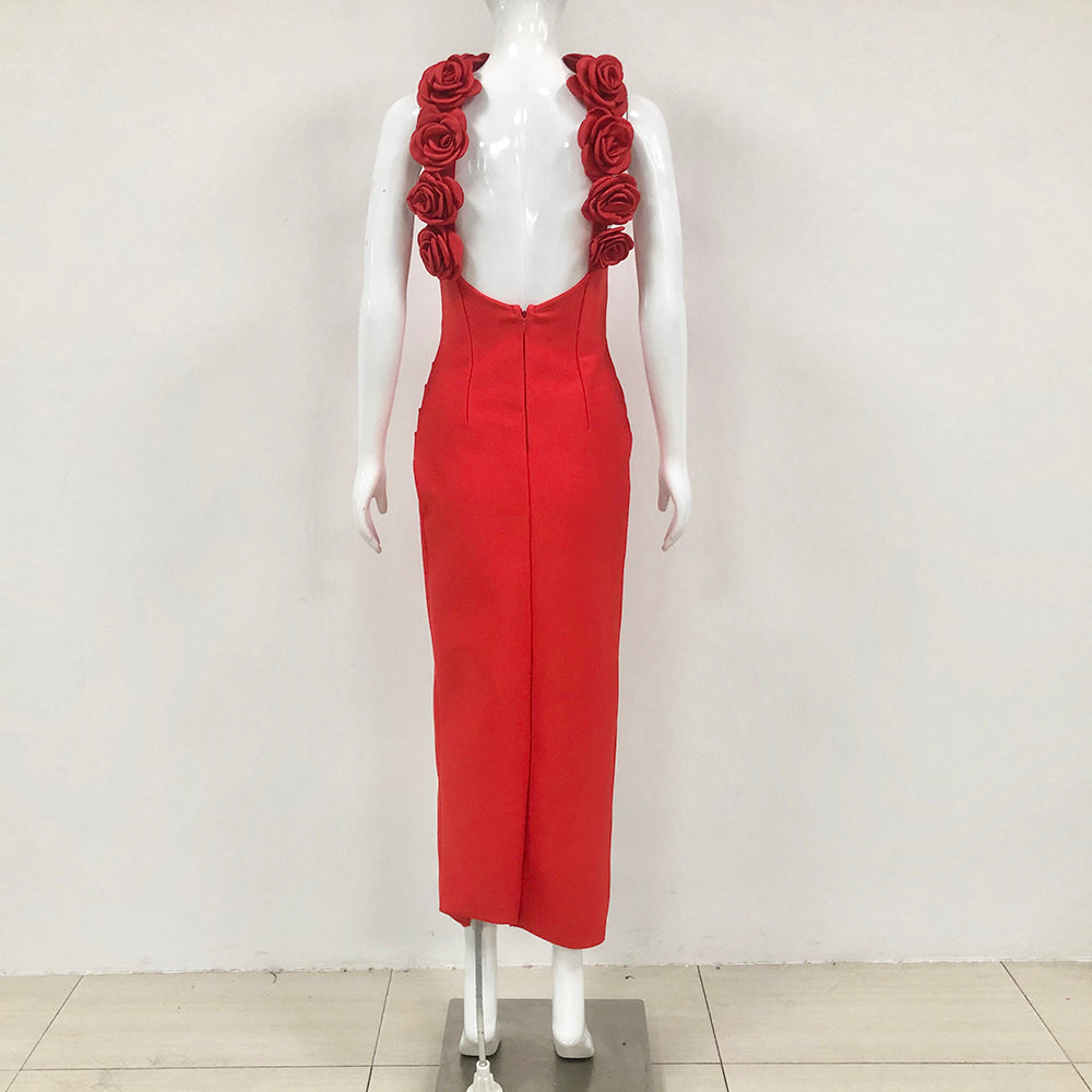 Halter Floral Backless Maxi Dress Red HV1733