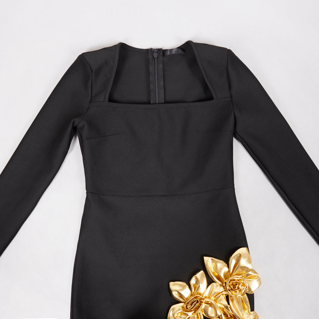Long Sleeve Floral Hem Dress Black Gold HV2620