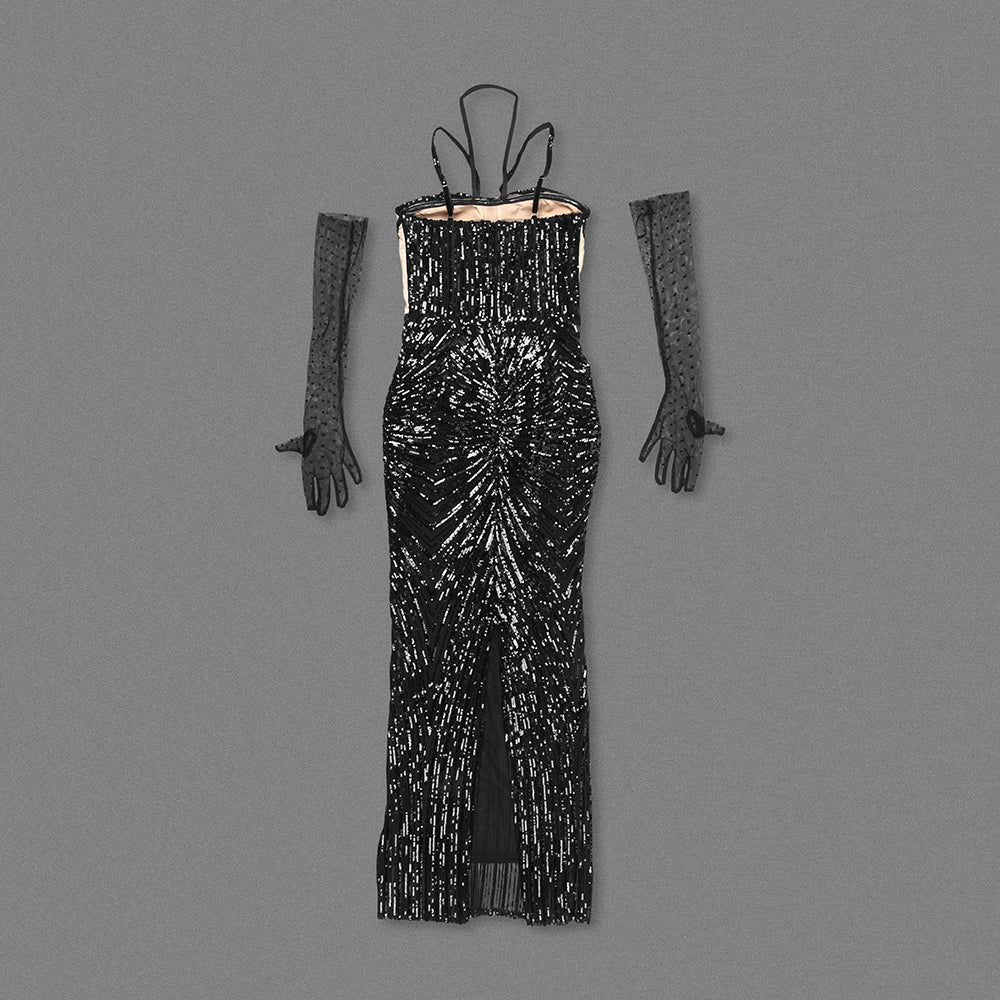 Halter Sequin Maxi Dress Black Nude HV2152