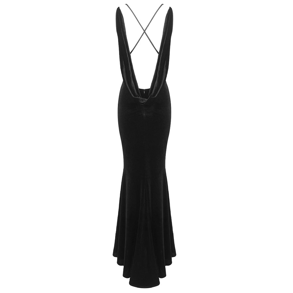 Flower Detail Maxi Velvet Dress Black HV1622