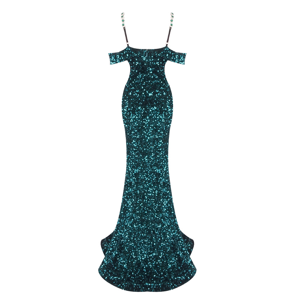 Crystal Corset Sequin Maxi Dress Green HV2002