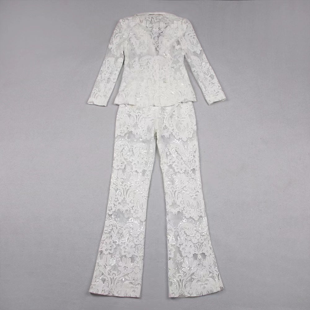 Long Sleeve Sequin Lace Suit HV9305