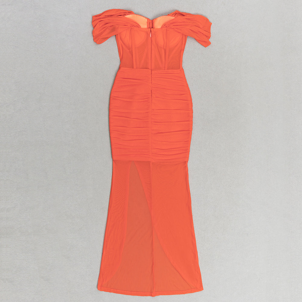 Off Shoulder Bustier Draped Mesh Maxi Dress HV9837