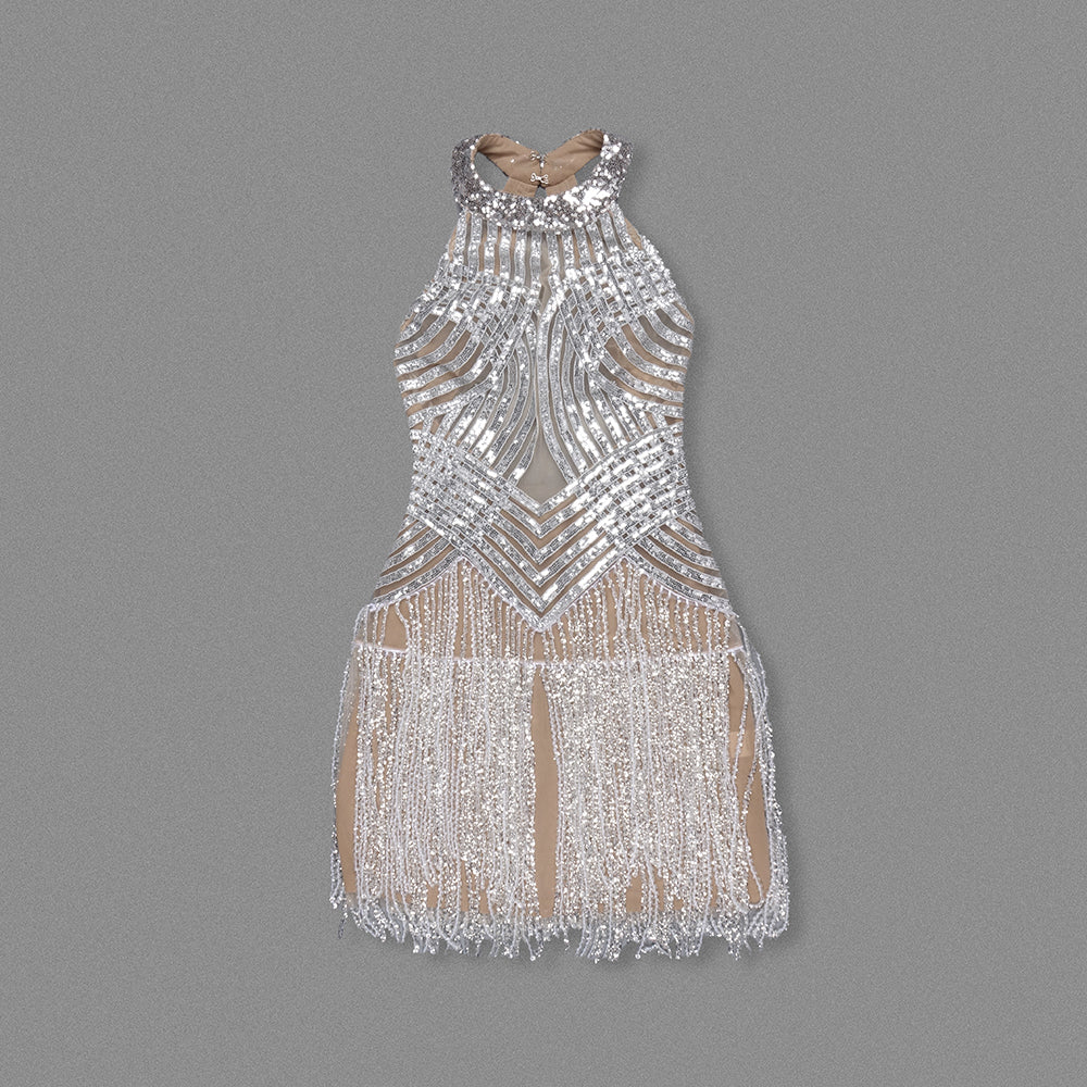 Halter Sequin Tassel Backless Dress Silver HV2143