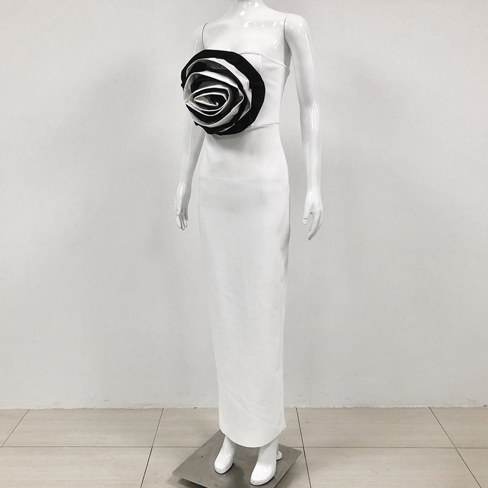 Strapless Floral Maxi Dress White Black HV1642