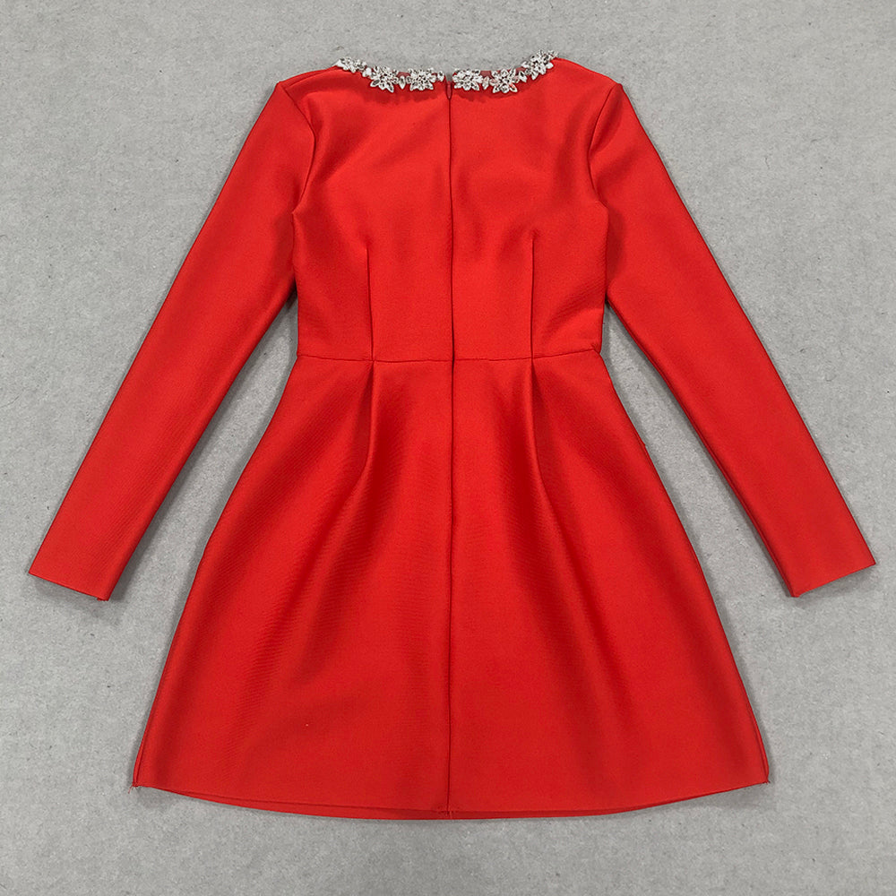 Long Sleeve Crystal A Line Dress White HV1295