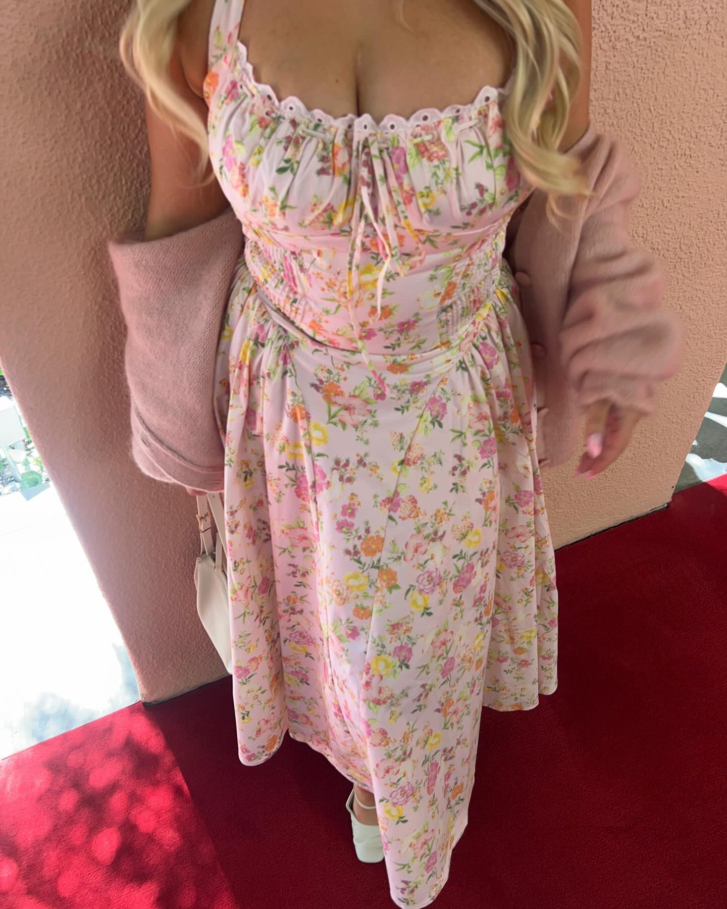Halter Lace Bustier A Line Midi Dress Floral Pink HV1289