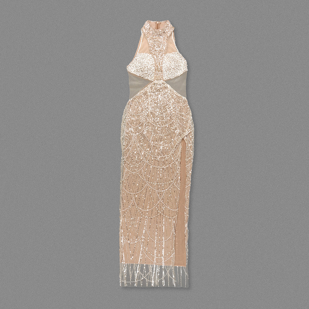Halter Pearl Sequin Maxi Dress Nude HV1972