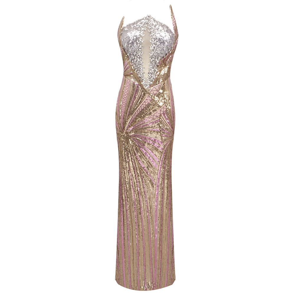Strapless Sequin Maxi Dress Silver Gold HV1783