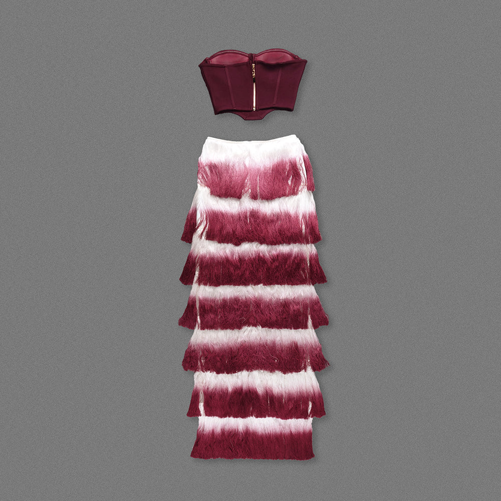 Strapless Tassel Two Piece Maxi Dress Burgundy HV2598